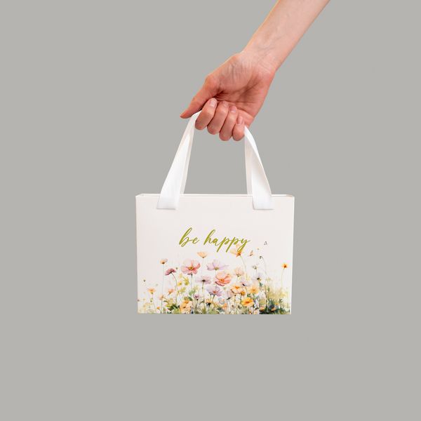 20х15х5 коробка-сумка біла "Be happy" квітковий принт №2 0048 фото